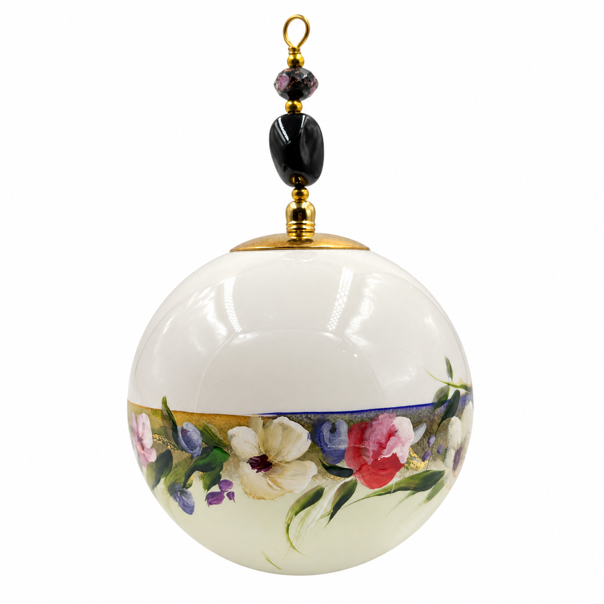 Boule de Noël avec perles 8 cm – Bouquet multicolore sur vert pâle – Réf. 05, vue 2 — pièce unique peinte à la main