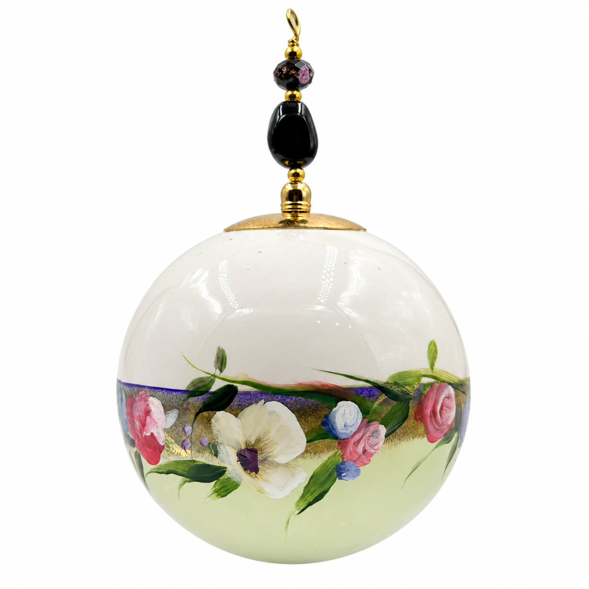 Boule de Noël avec perles 8 cm – Bouquet multicolore sur vert pâle – Réf. 05, vue 3 — pièce unique peinte à la main