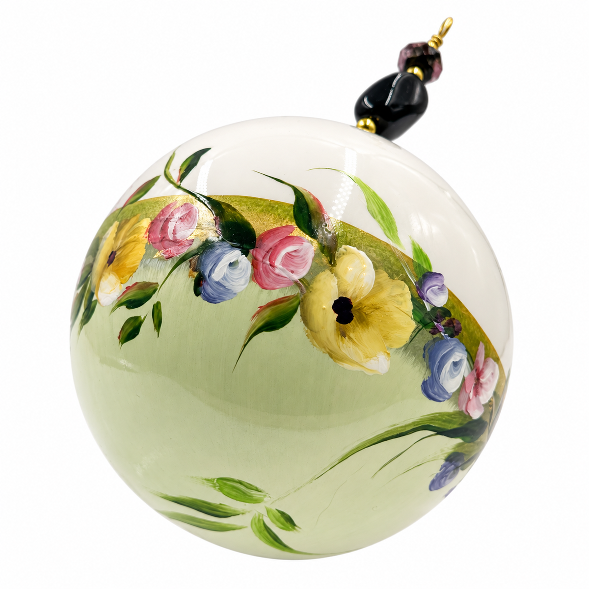 Boule de Noël avec perles 8 cm – Bouquet multicolore sur vert pâle – Réf. 05, vue 5 — pièce unique peinte à la main