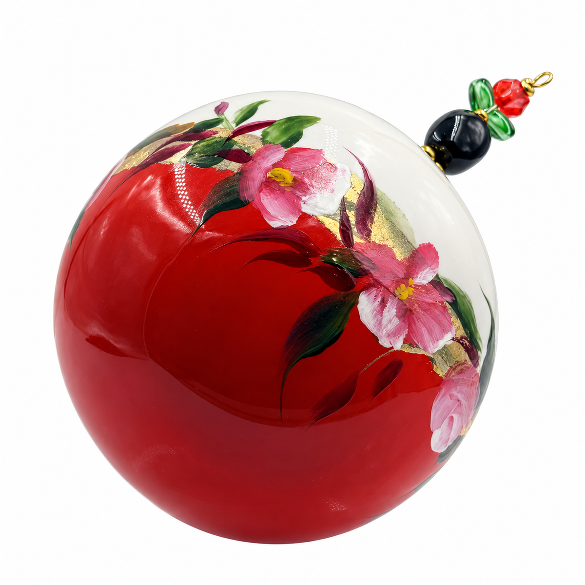 Boule de Noël avec perles 8 cm – Fleurs roses sur rouge profond – Réf. 07, vue 5 — pièce unique peinte à la main