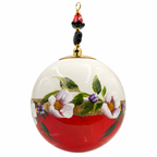 Boule de Noël avec perles 8 cm – Fleurs mauves et blanches sur rouge – Réf. 08, vue 5 — pièce unique peinte à la main