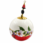 Boule de Noël avec perles 8 cm – Fleurs mauves et blanches sur rouge – Réf. 08, vue 6 — pièce unique peinte à la main