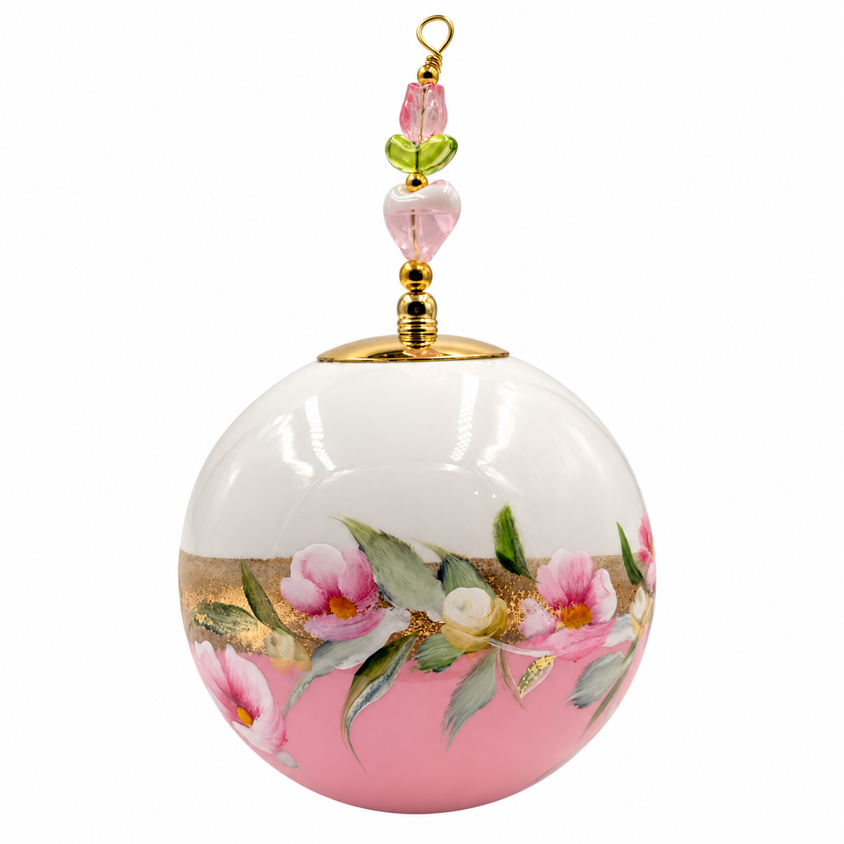 Boule de Noël avec perles 8 cm – Fleurs roses et blanches sur rose tendre – Réf. 09, vue 4 — pièce unique peinte à la main