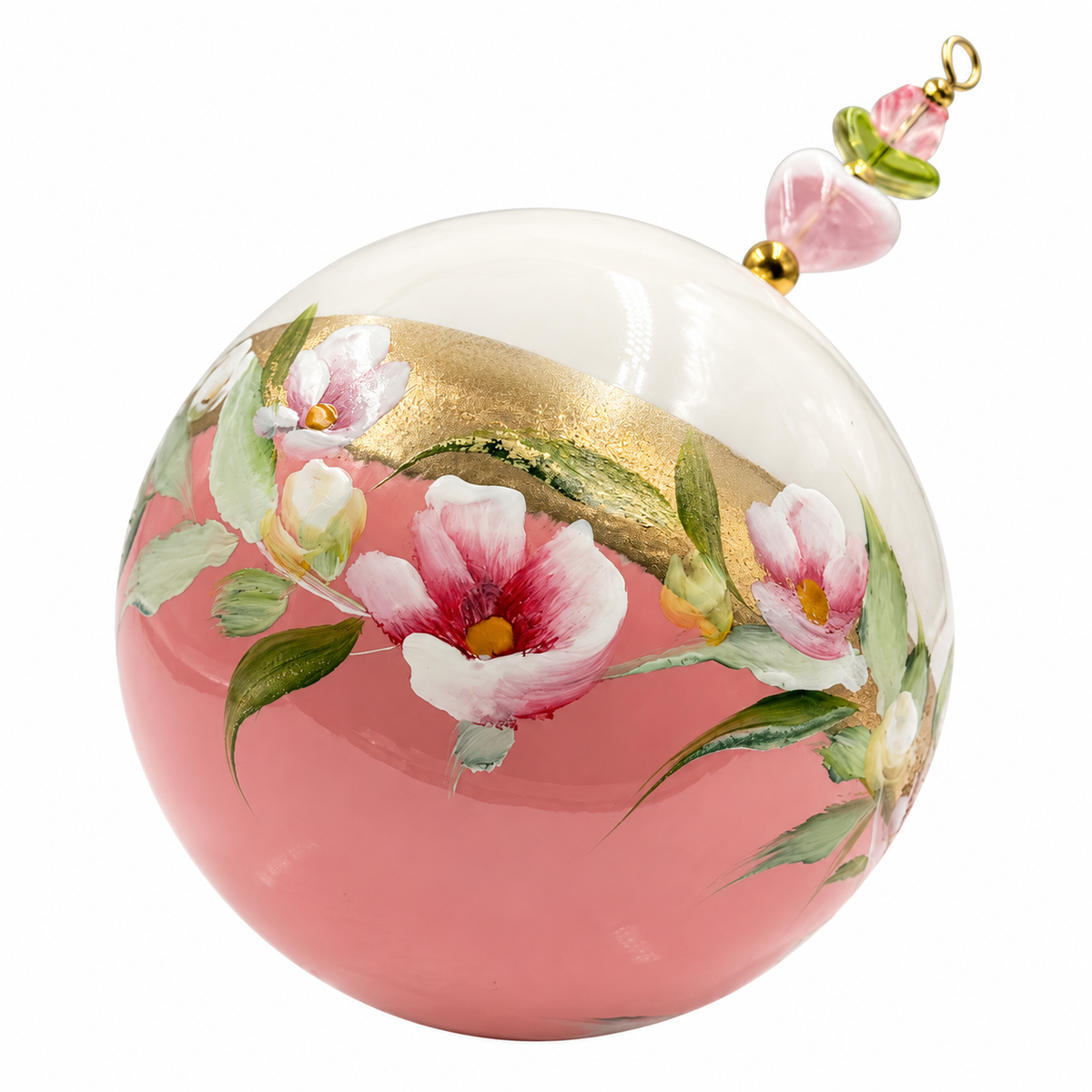 Boule de Noël avec perles 8 cm – Fleurs roses et blanches sur rose tendre – Réf. 09, vue 5 — pièce unique peinte à la main