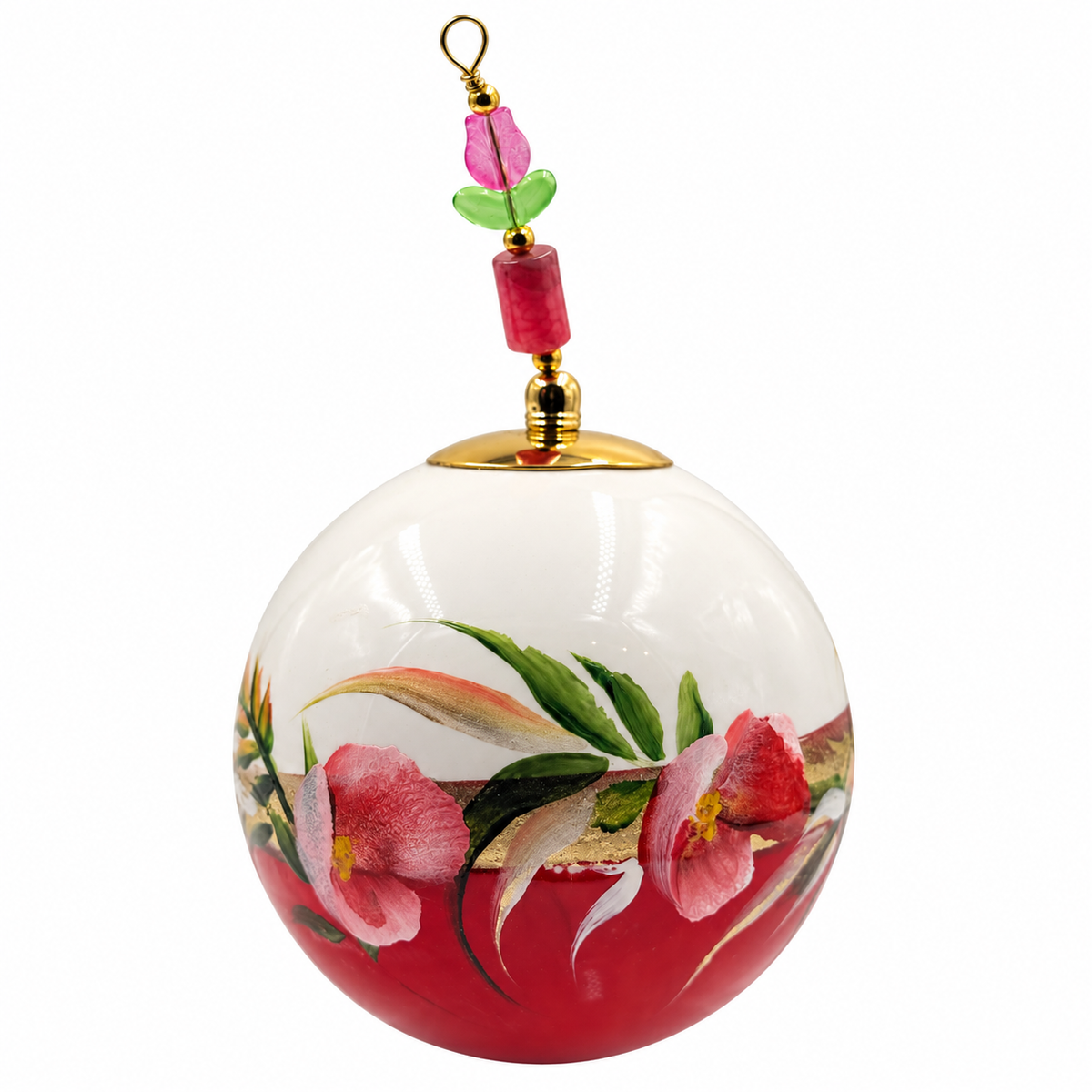 Boule de Noël avec perles 8 cm – Grandes fleurs roses et feuillages – Réf. 10, vue 2 — pièce unique peinte à la main