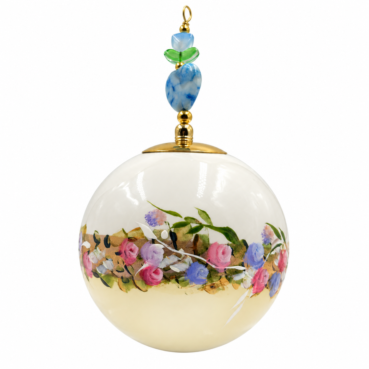 Boule de Noël avec perles 8 cm – Guirlande pastel sur jaune – Réf. 11, vue 2 — pièce unique peinte à la main