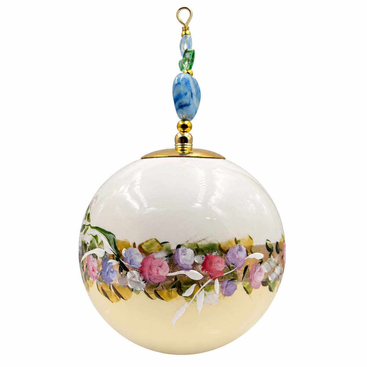 Boule de Noël avec perles 8 cm – Guirlande pastel sur jaune – Réf. 11, vue 3 — pièce unique peinte à la main
