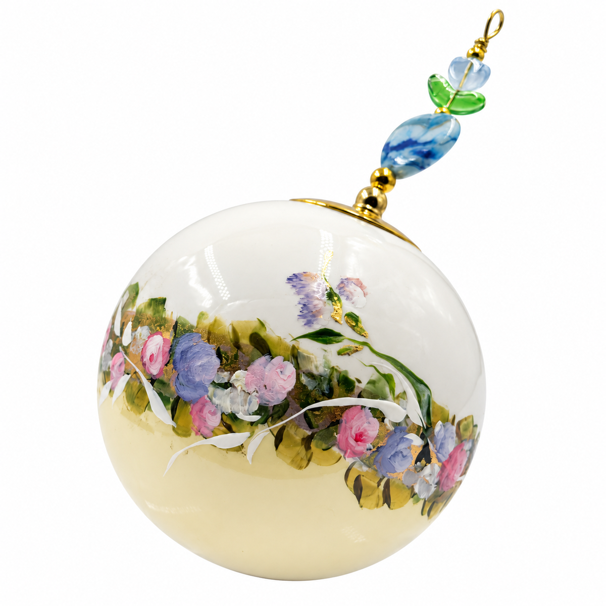 Boule de Noël avec perles 8 cm – Guirlande pastel sur jaune – Réf. 11, vue 4 — pièce unique peinte à la main