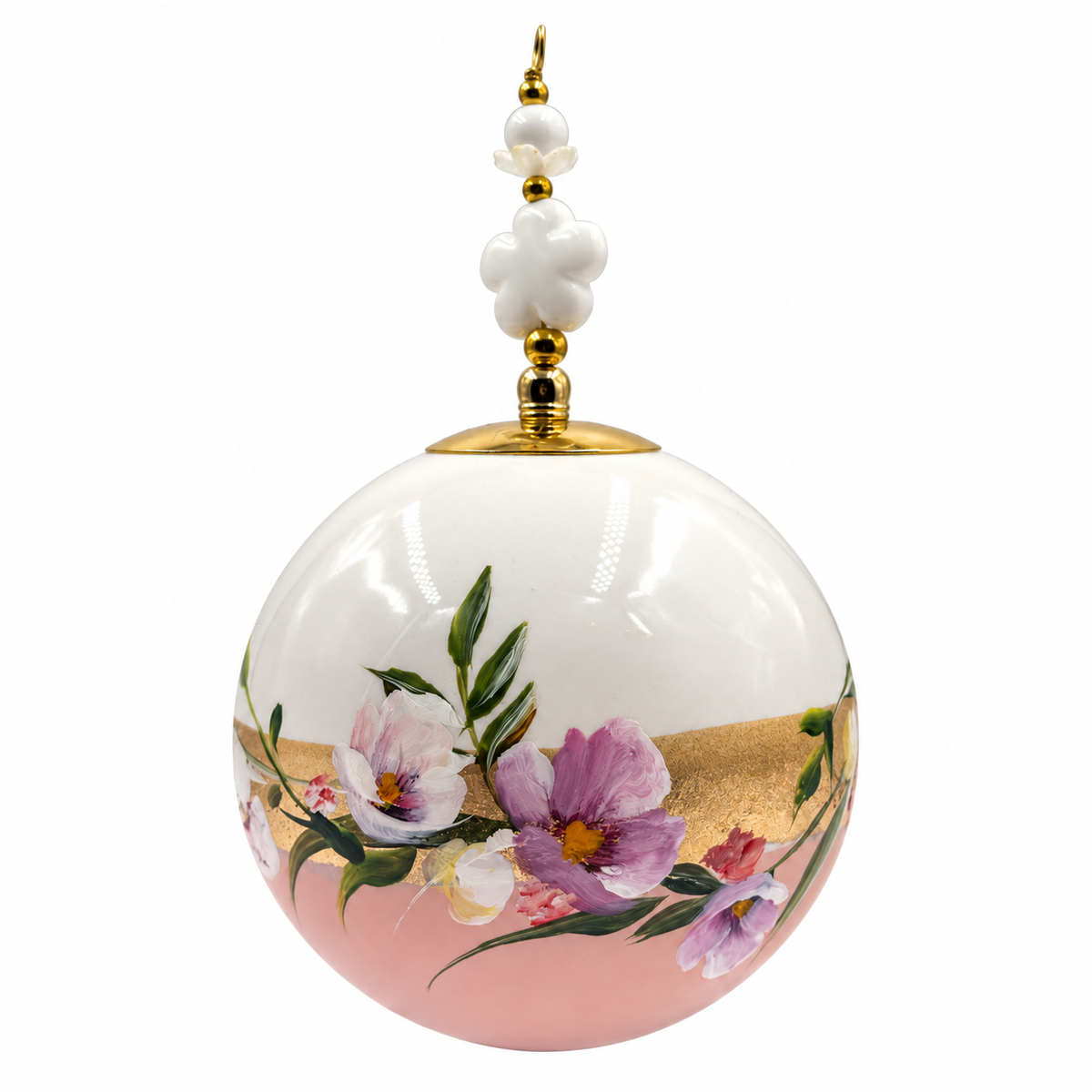 Boule de Noël avec perles 8 cm – Réf. 12 – Fleurs mauves sur rose poudré
