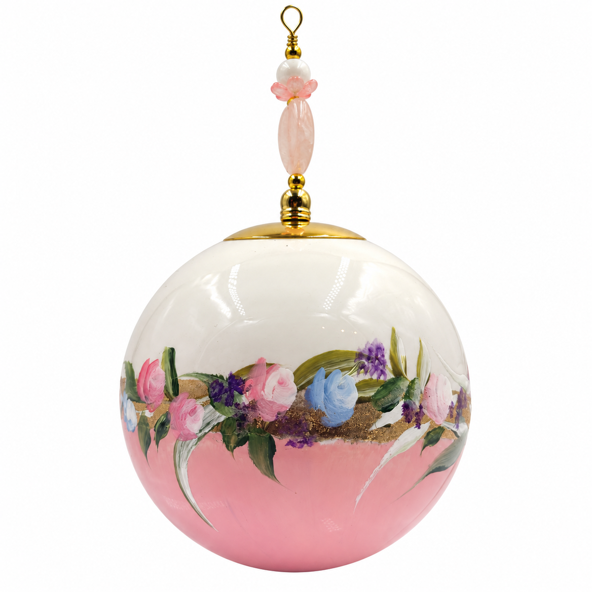 Boule de Noël avec perles 8 cm – Bouquet pastel sur rose – Réf. 13, vue 2 — pièce unique peinte à la main