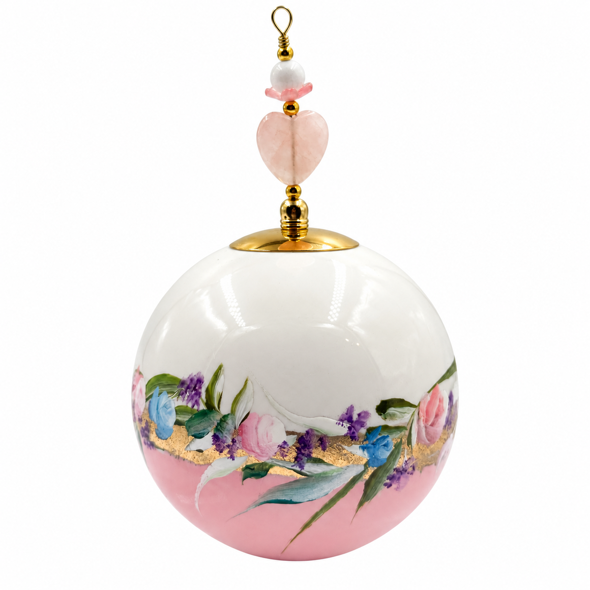 Boule de Noël avec perles 8 cm – Bouquet pastel sur rose – Réf. 13, vue 3 — pièce unique peinte à la main