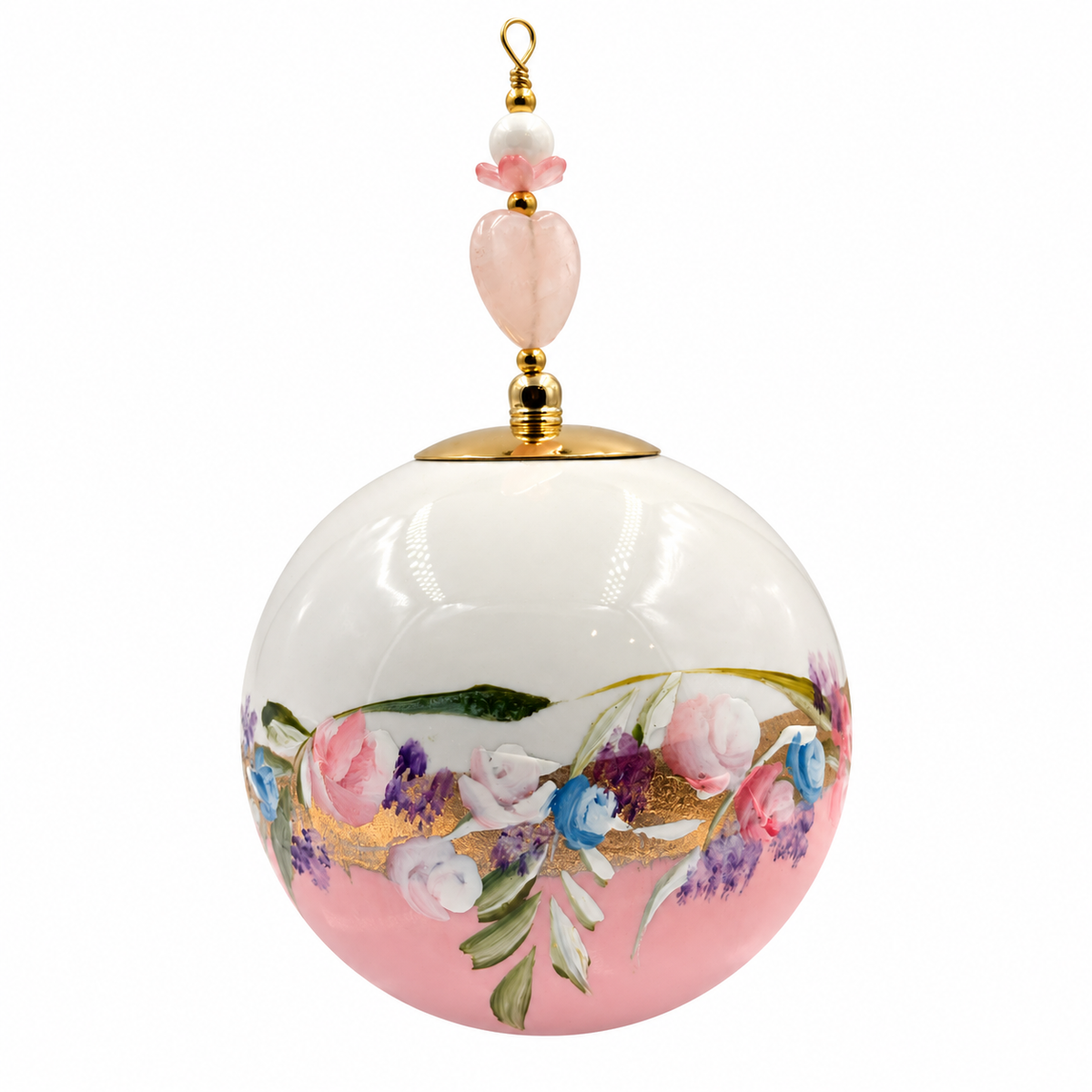 Boule de Noël avec perles 8 cm – Bouquet pastel sur rose – Réf. 13, vue 4 — pièce unique peinte à la main