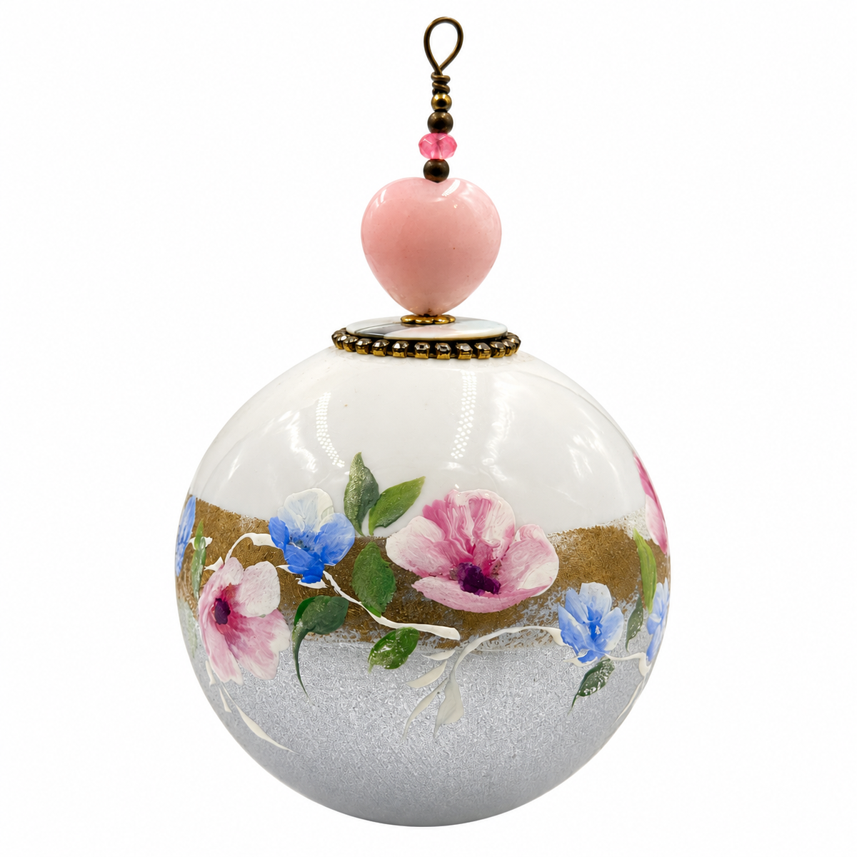 Boule de Noël avec perles 8 cm – Réf. 14 – Fleurs roses et bleues sur gris argenté