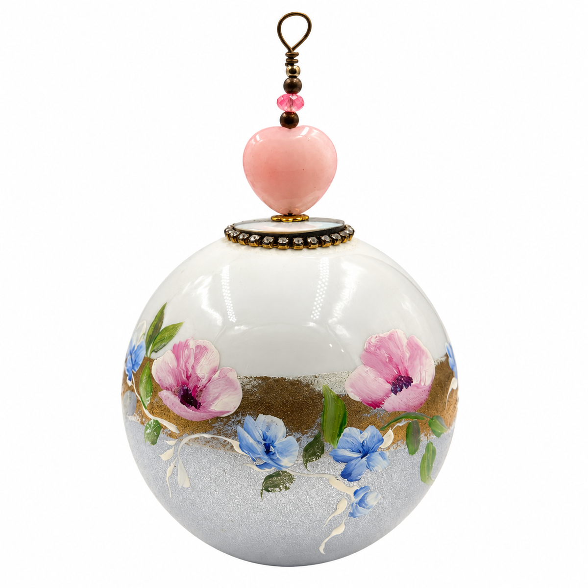 Boule de Noël avec perles 8 cm – Fleurs roses et bleues sur gris argenté – Réf. 14, vue 5 — pièce unique peinte à la main