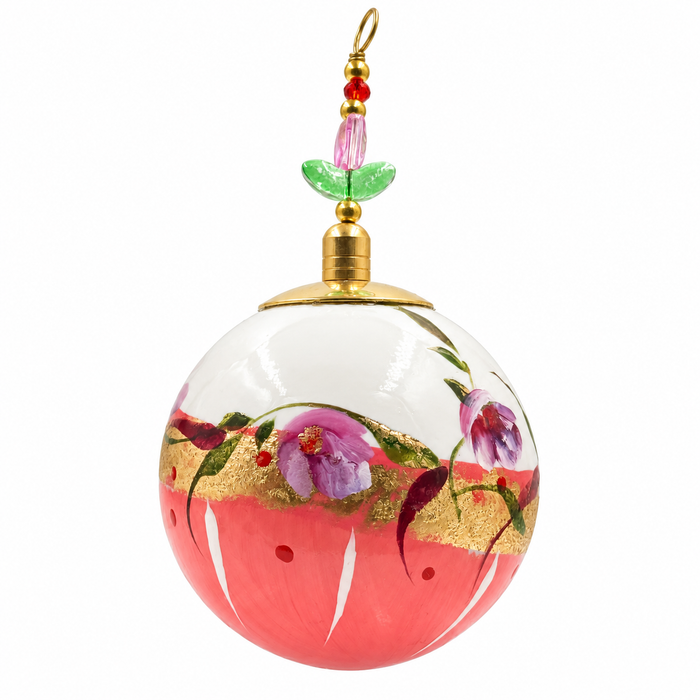 Boule de Noël avec perles 8 cm – Fleurs mauves, corail et or – Réf. 01