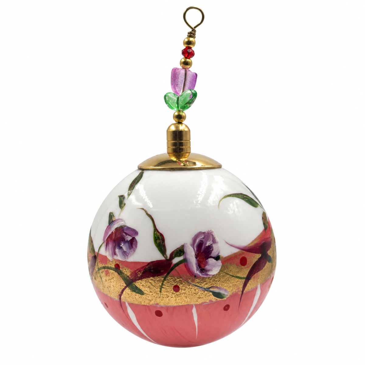 Boule de Noël en céramique avec perles 8 cm — Fleurs mauves, corail et or — référence 01, vue 2