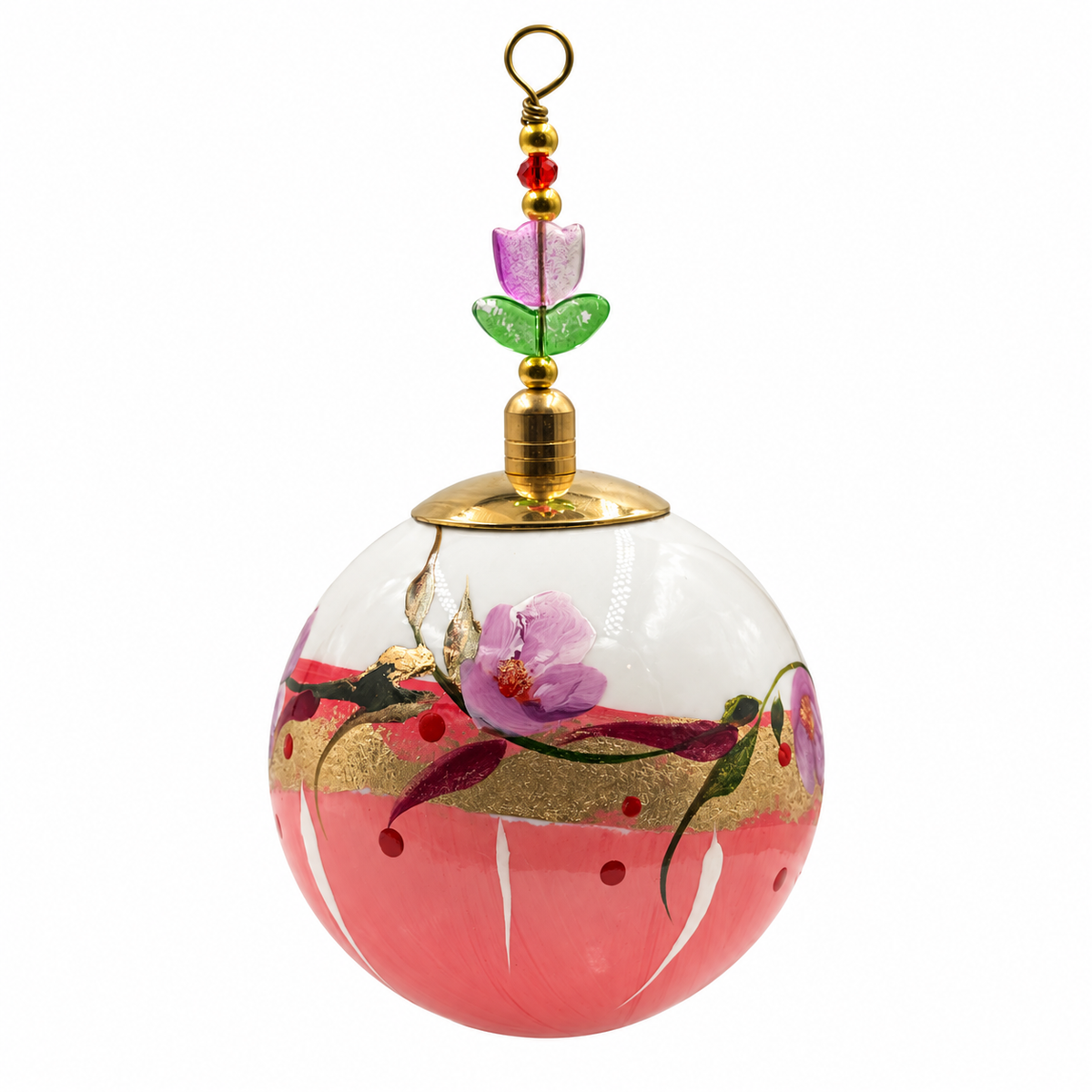 Boule de Noël en céramique avec perles 8 cm — Fleurs mauves, corail et or — référence 01, vue 4