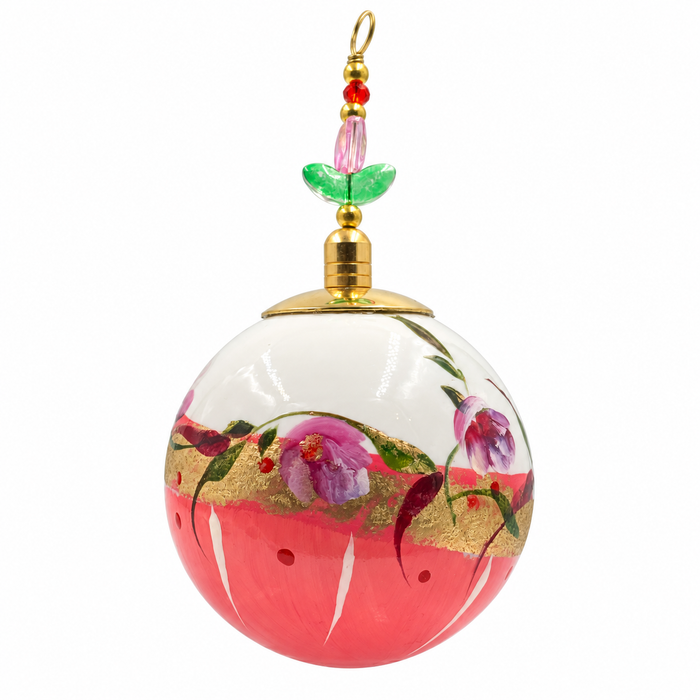 Boule de Noël avec perles 5 cm – Corail, fleurs mauves et dorures – Réf. 01