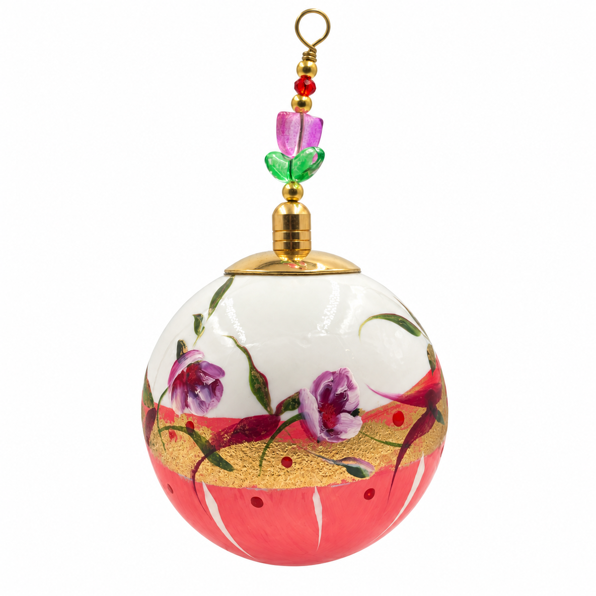 Boule de Noël en porcelaine avec perles, 5 cm, corail et fleurs mauves, référence 01, vue 2