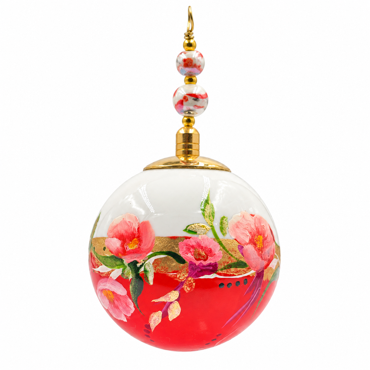 Boule de Noël en porcelaine avec perles, 5 cm, fleurs roses sur corail, référence 02, vue 1