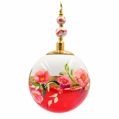 Boule de Noël en porcelaine avec perles, 5 cm, fleurs roses sur corail, référence 02, vue 1