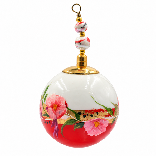 Boule de Noël en porcelaine avec perles, 5 cm, fleurs roses sur corail, référence 02, vue 2