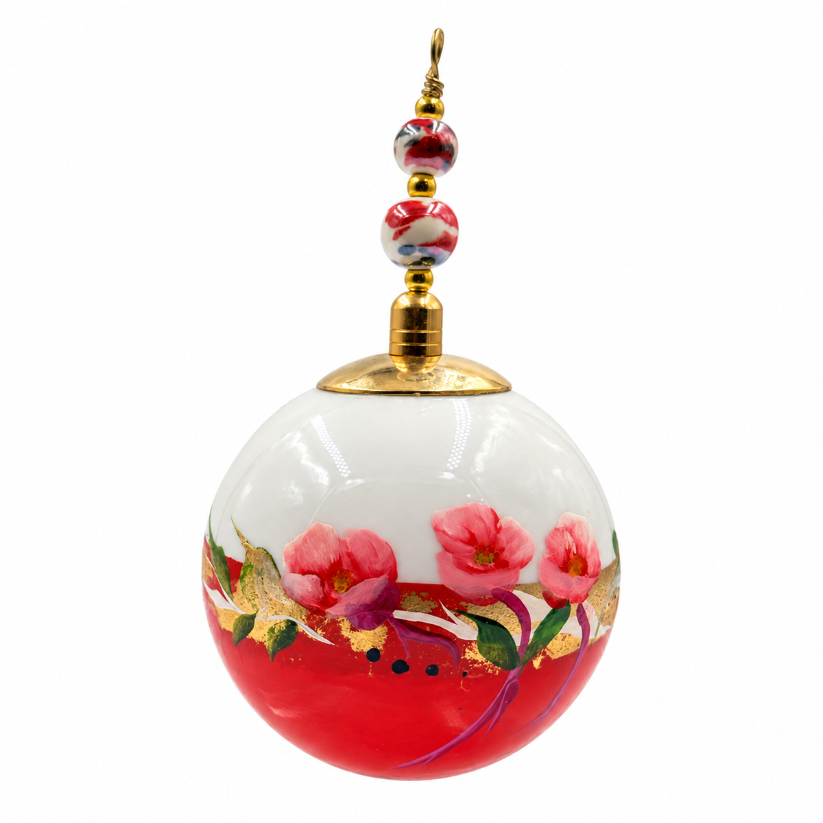 Boule de Noël en porcelaine avec perles, 5 cm, fleurs roses sur corail, référence 02, vue 3