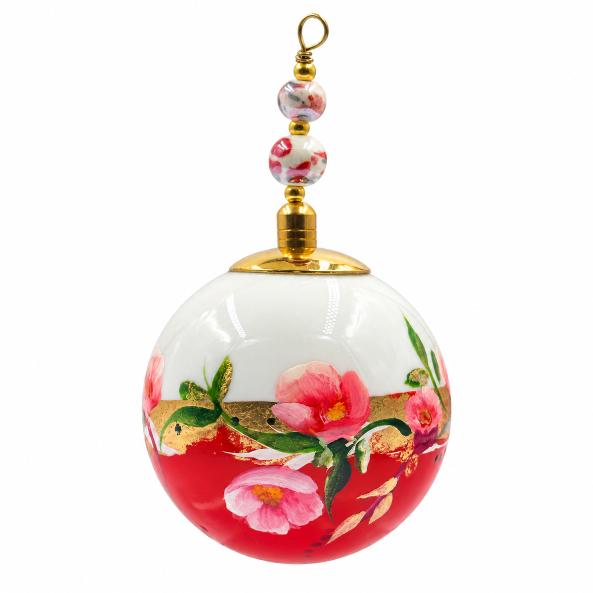 Boule de Noël en porcelaine avec perles, 5 cm, fleurs roses sur corail, référence 02, vue 4
