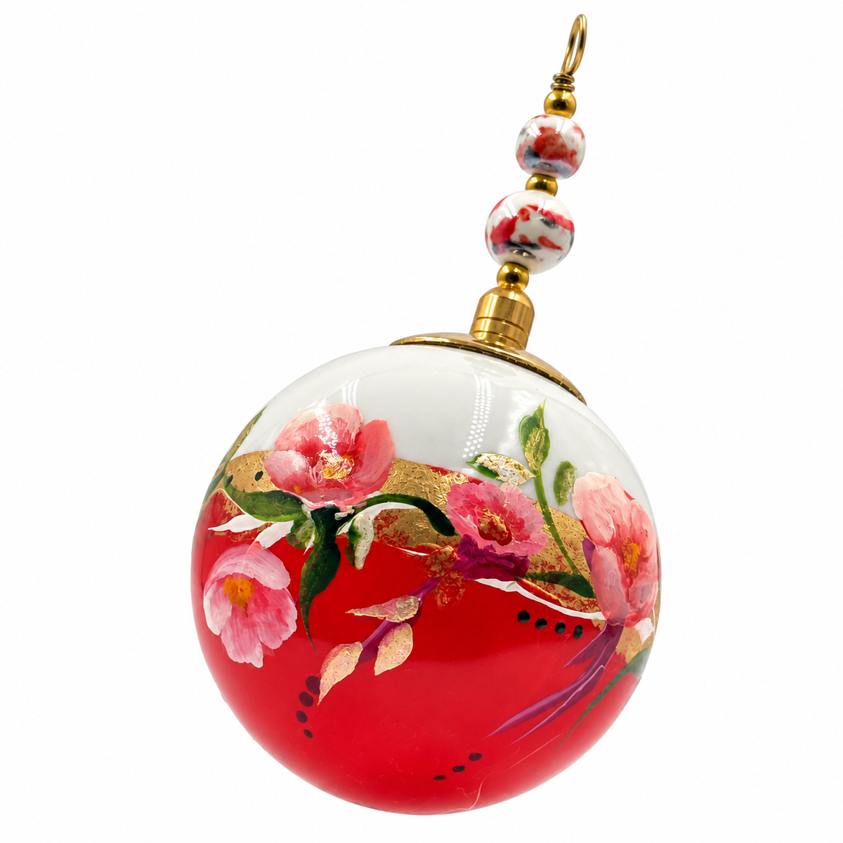 Boule de Noël en porcelaine avec perles, 5 cm, fleurs roses sur corail, référence 02, vue 5