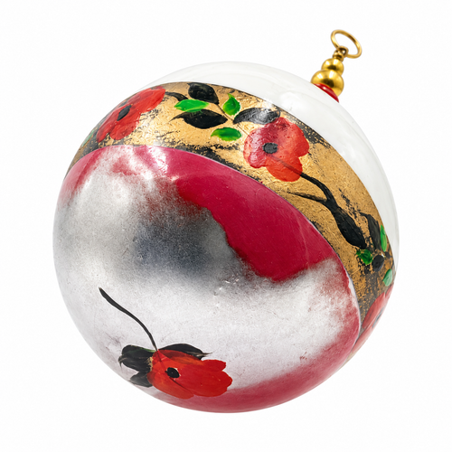Boule de Noël en porcelaine avec perles 5 cm, coquelicots et reflets argentés, référence 03, vue 1