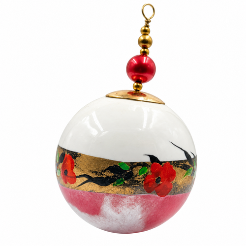 Boule de Noël en porcelaine avec perles 5 cm, coquelicots et reflets argentés, référence 03, vue 2