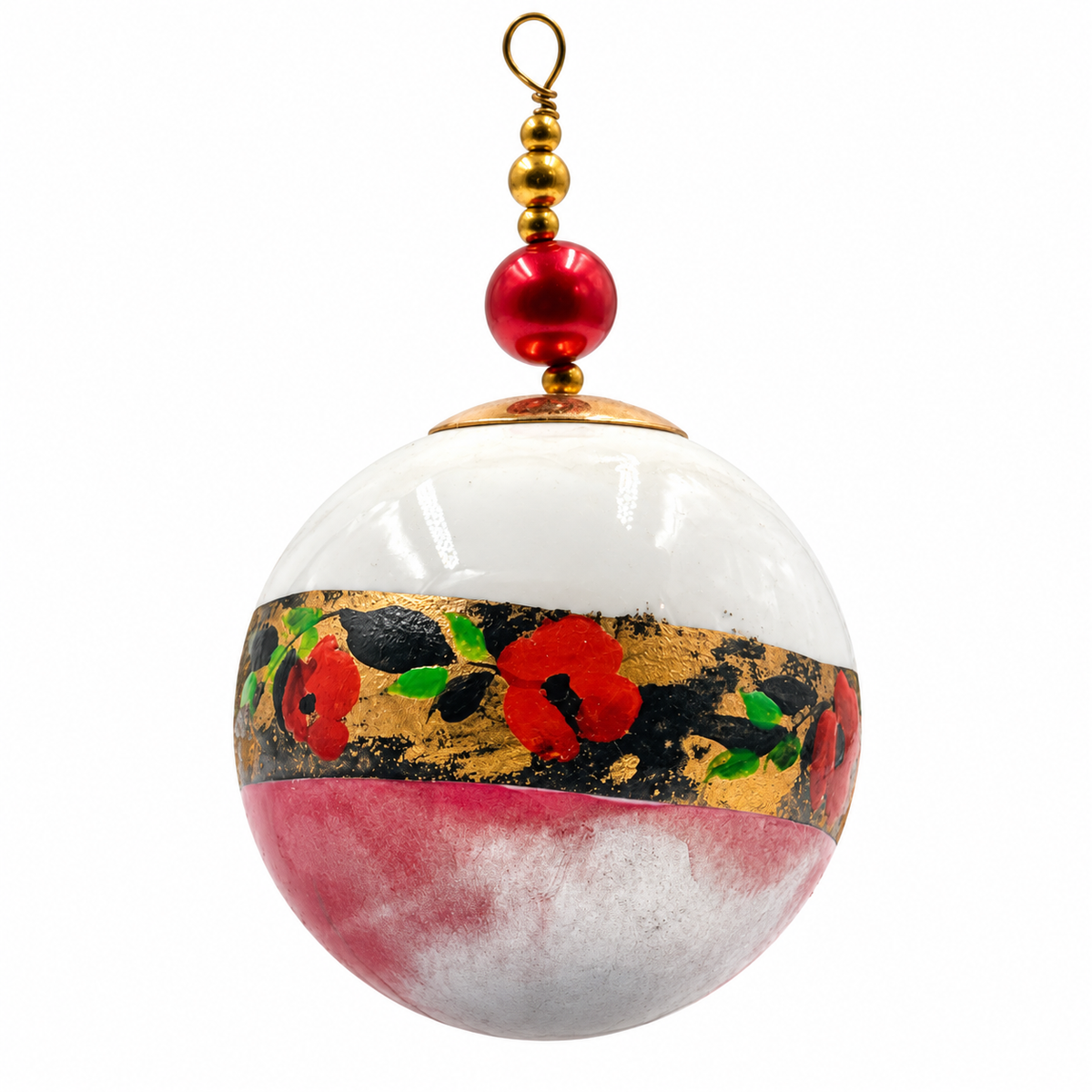 Boule de Noël en porcelaine avec perles 5 cm, coquelicots et reflets argentés, référence 03, vue 4