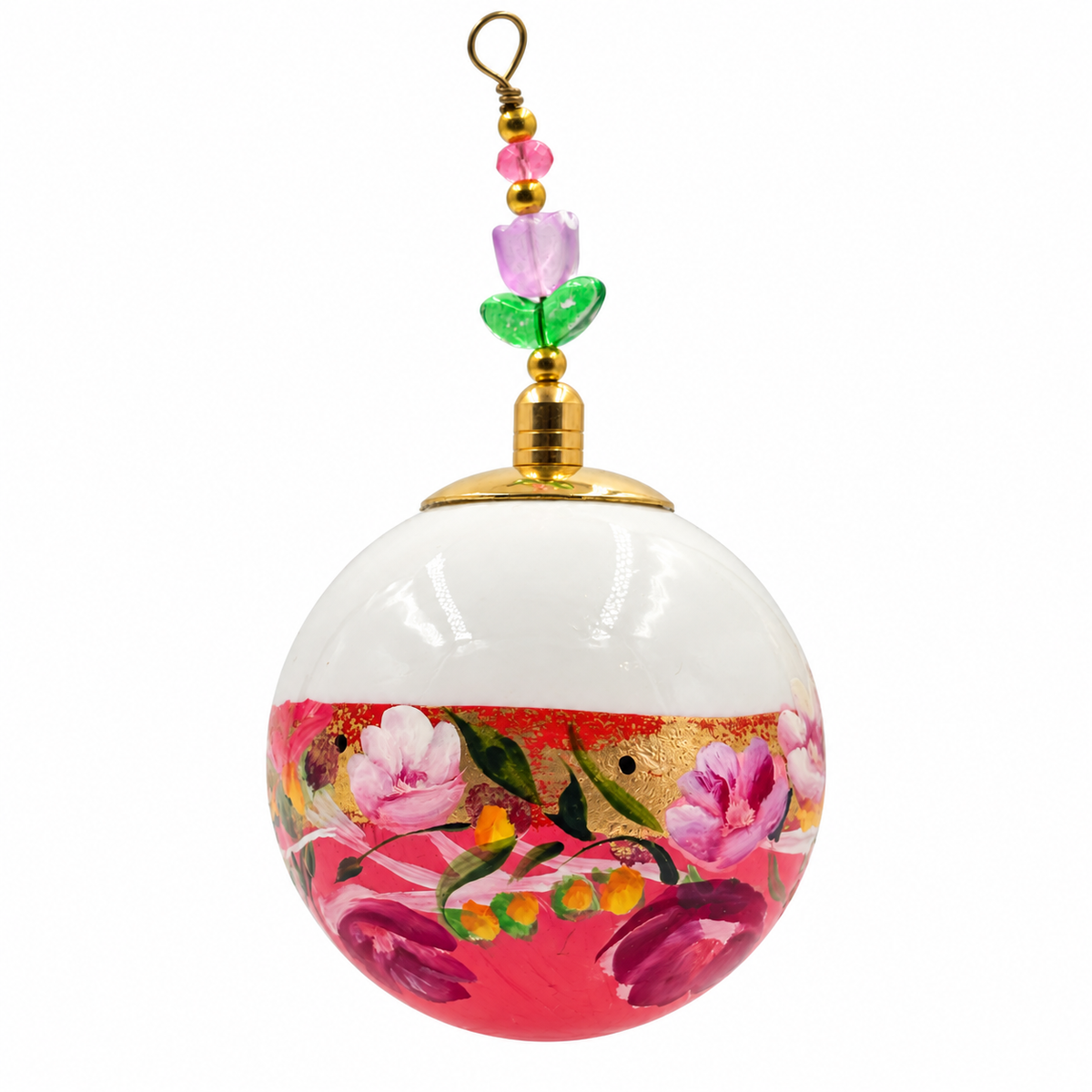 Boule de Noël avec perles 5 cm – Fleurs roses et mauves sur rose – Réf. 04