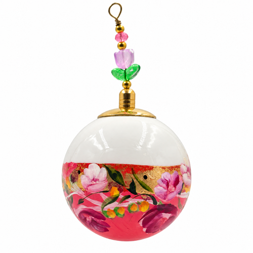 Boule de Noël en porcelaine avec perles 5 cm, fleurs roses et mauves sur rose, référence 04, vue 1