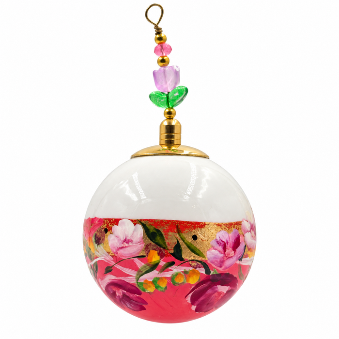 Boule de Noël avec perles 5 cm – Fleurs roses et mauves sur rose – Réf. 04