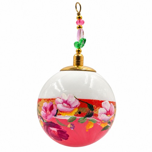 Boule de Noël en porcelaine avec perles 5 cm, fleurs roses et mauves sur rose, référence 04, vue 2