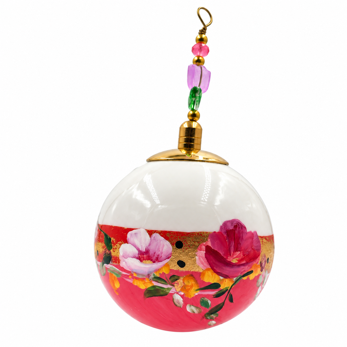 Boule de Noël en porcelaine avec perles 5 cm, fleurs roses et mauves sur rose, référence 04, vue 3