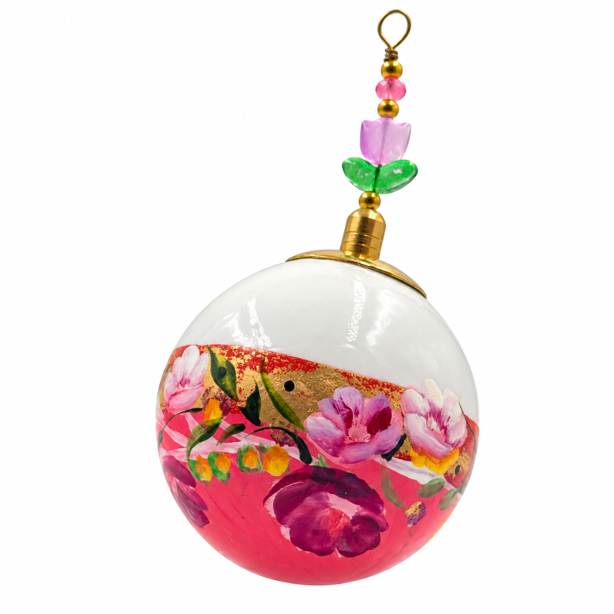 Boule de Noël en porcelaine avec perles 5 cm, fleurs roses et mauves sur rose, référence 04, vue 4