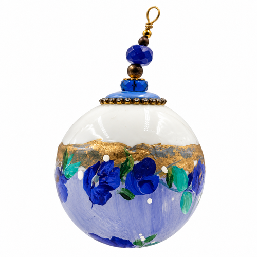 Boule de Noël en porcelaine avec perles 5 cm, fleurs bleues et lavande, référence 05, vue 2