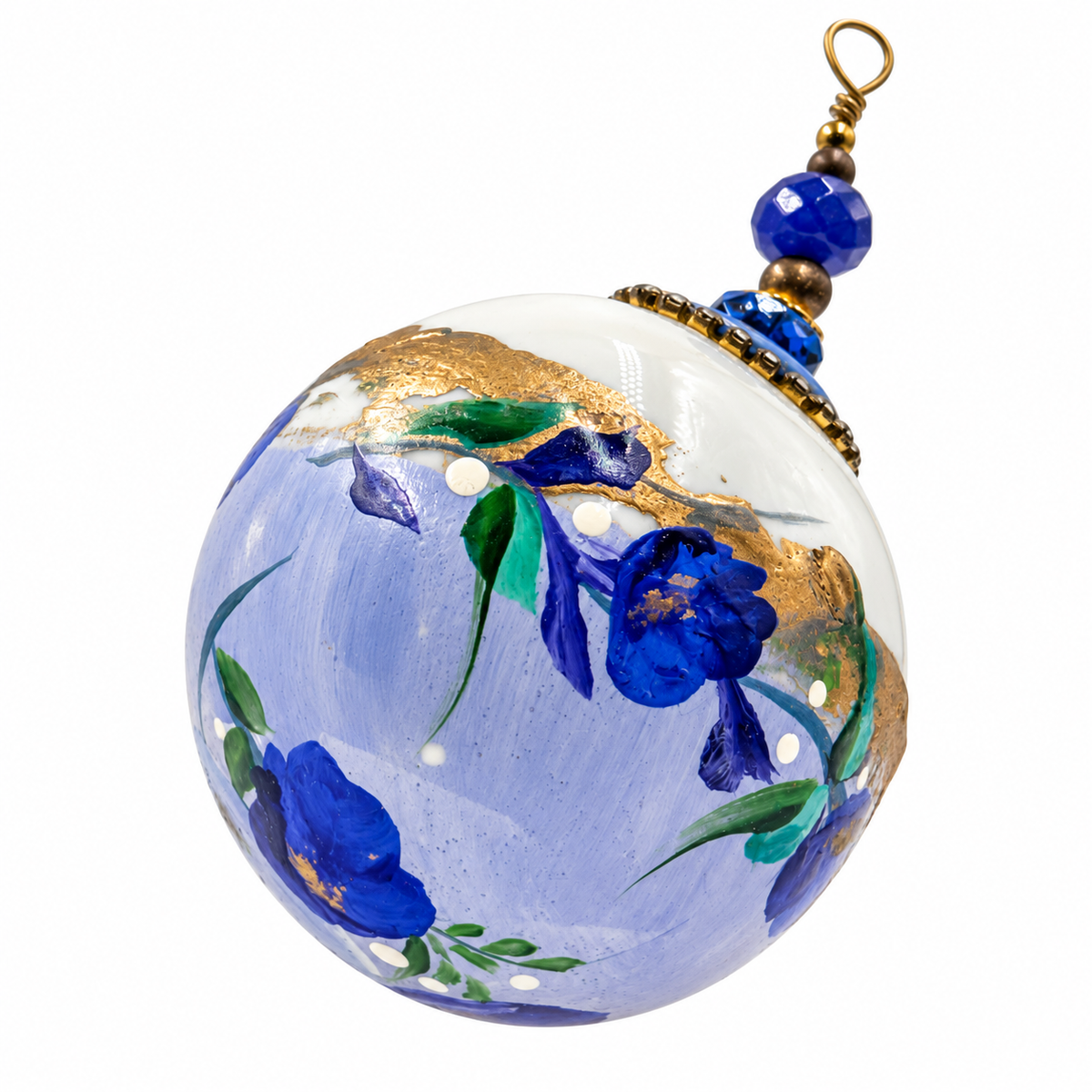 Boule de Noël en porcelaine avec perles 5 cm, fleurs bleues et lavande, référence 05, vue 4