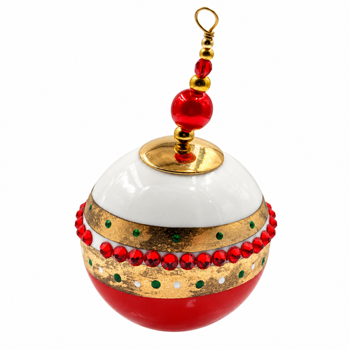 Boule de Noël en porcelaine avec perles 5 cm, rouge, dorures et strass, référence 06, vue 1