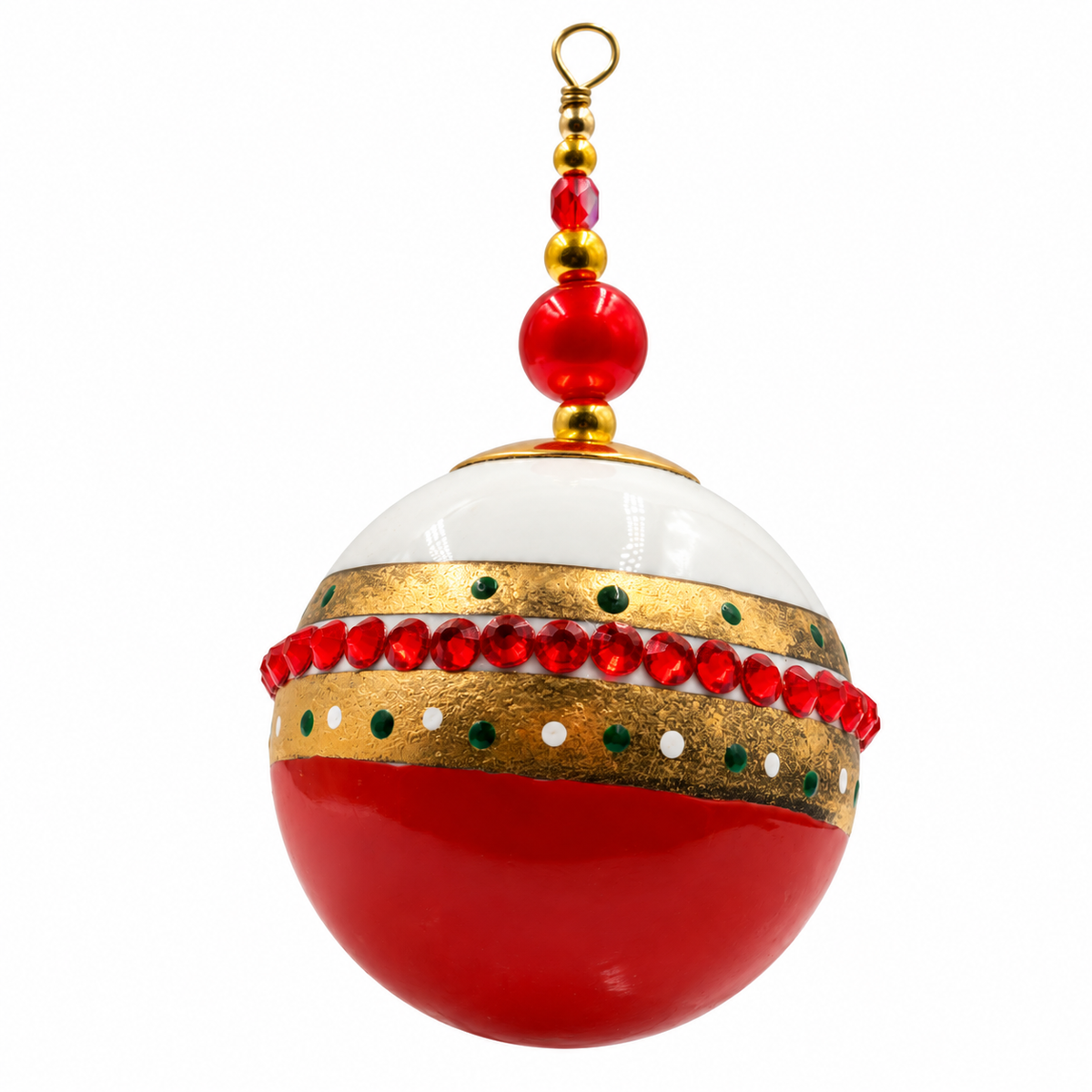 Boule de Noël en porcelaine avec perles 5 cm, rouge, dorures et strass, référence 06, vue 2