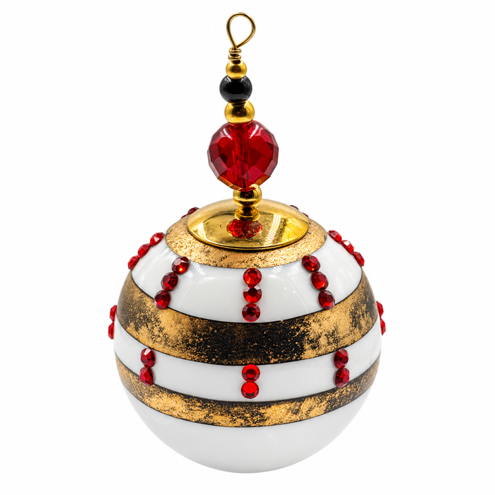 Boule de Noël avec perles 5 cm – Rayures dorées et strass rouges – Réf. 07