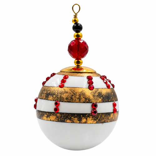 Boule de Noël en porcelaine avec perles 5 cm, rayures dorées et strass rouges, référence 07, vue 2