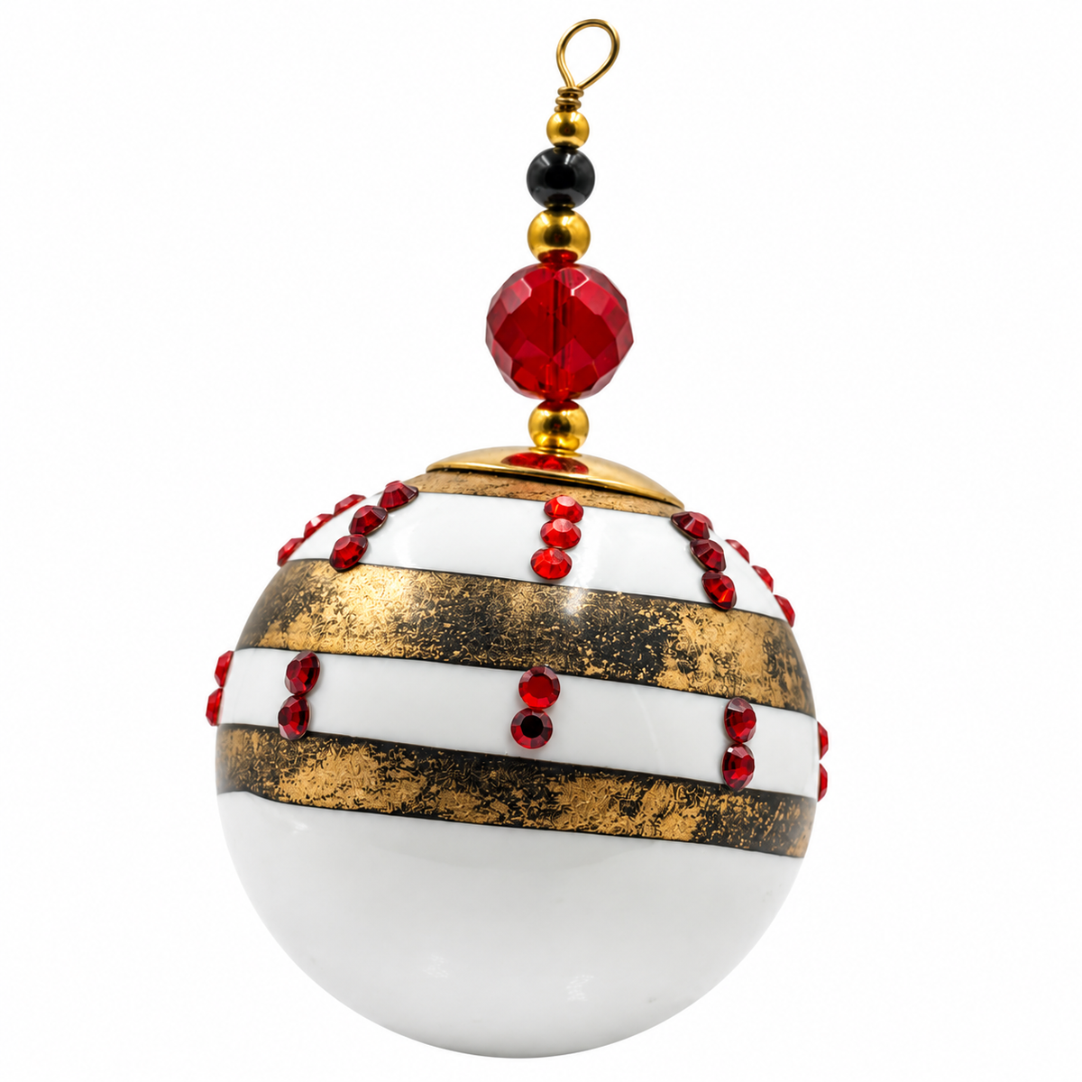 Boule de Noël en porcelaine avec perles 5 cm, rayures dorées et strass rouges, référence 07, vue 4