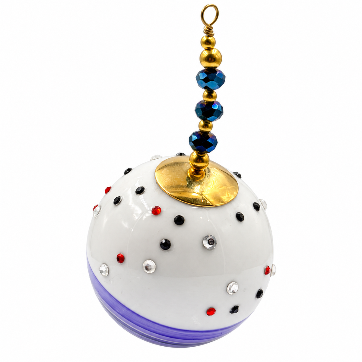 Boule de Noël en porcelaine avec perles 5 cm, rayures violettes et strass, référence 08, vue 1