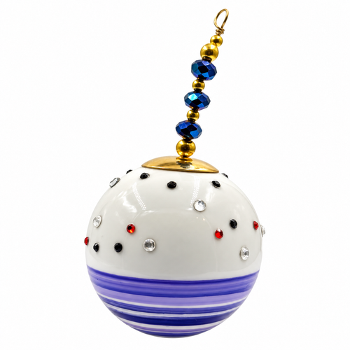 Boule de Noël en porcelaine avec perles 5 cm, rayures violettes et strass, référence 08, vue 2