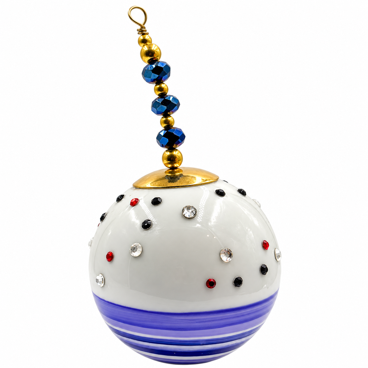 Boule de Noël en porcelaine avec perles 5 cm, rayures violettes et strass, référence 08, vue 3