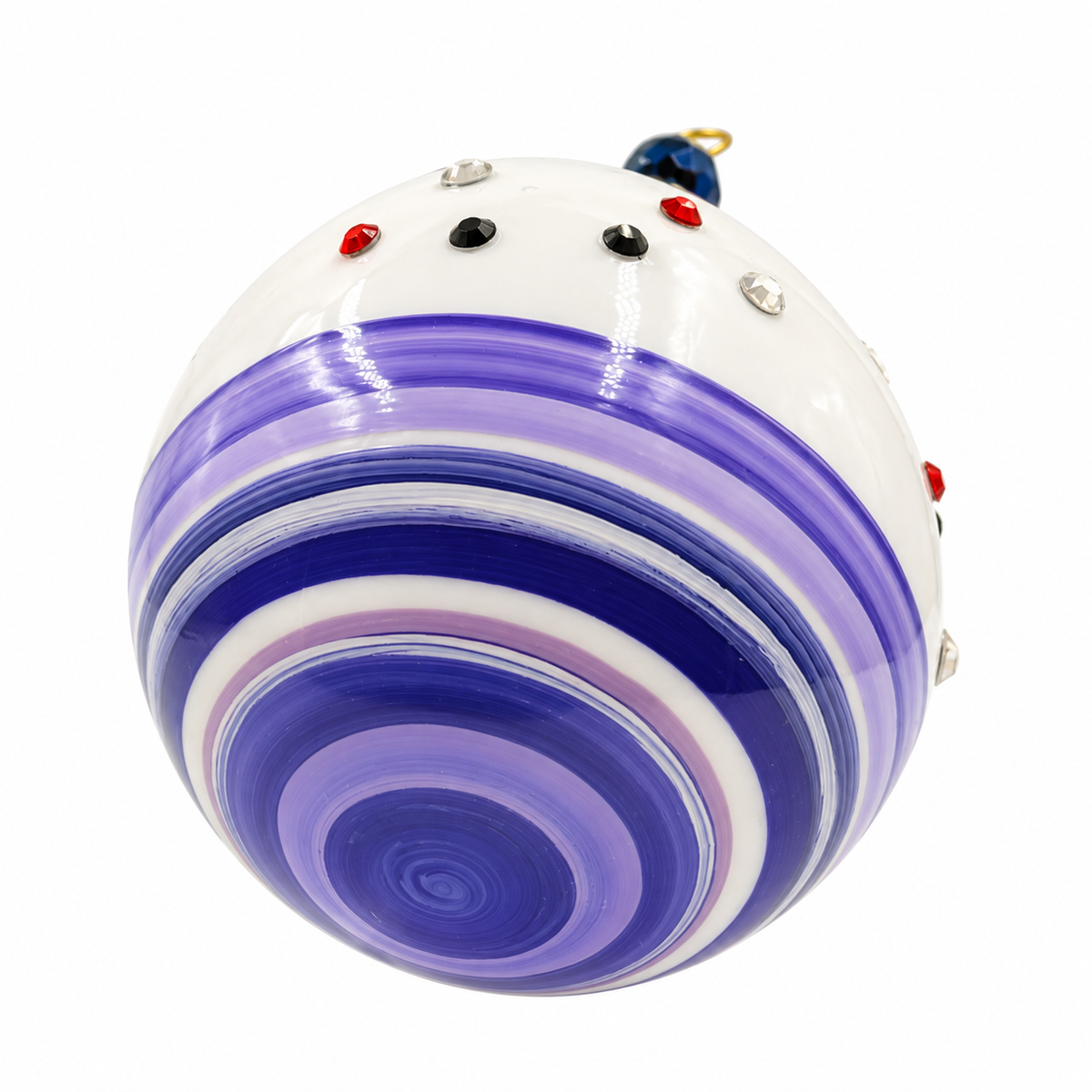 Boule de Noël en porcelaine avec perles 5 cm, rayures violettes et strass, référence 08, vue 4