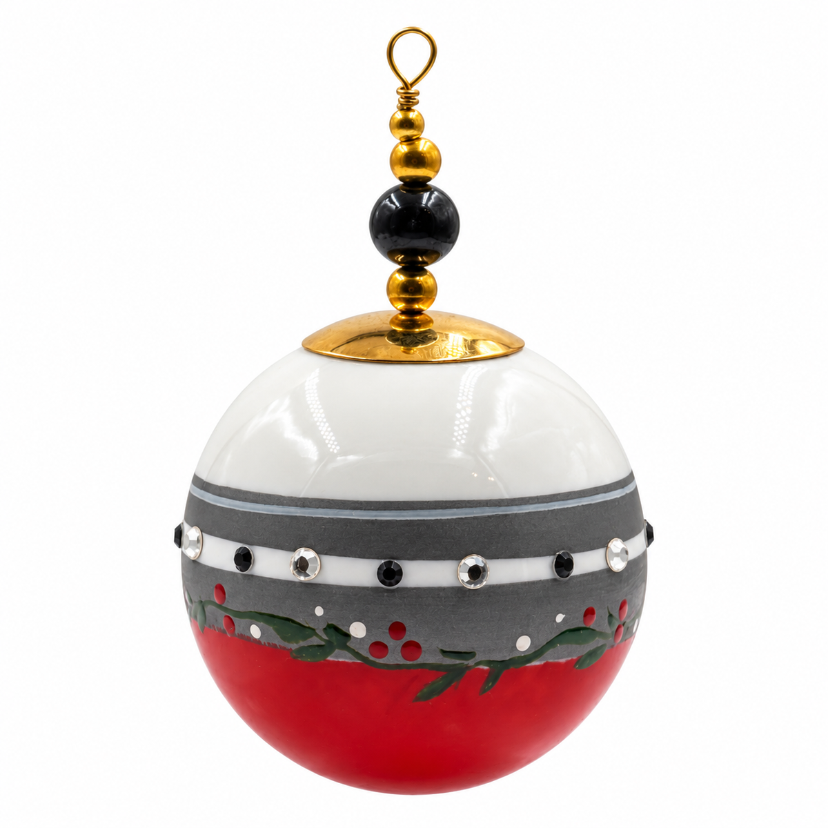 Boule de Noël en porcelaine avec perles 5 cm, gris, rouge et petites baies, référence 09, vue 2